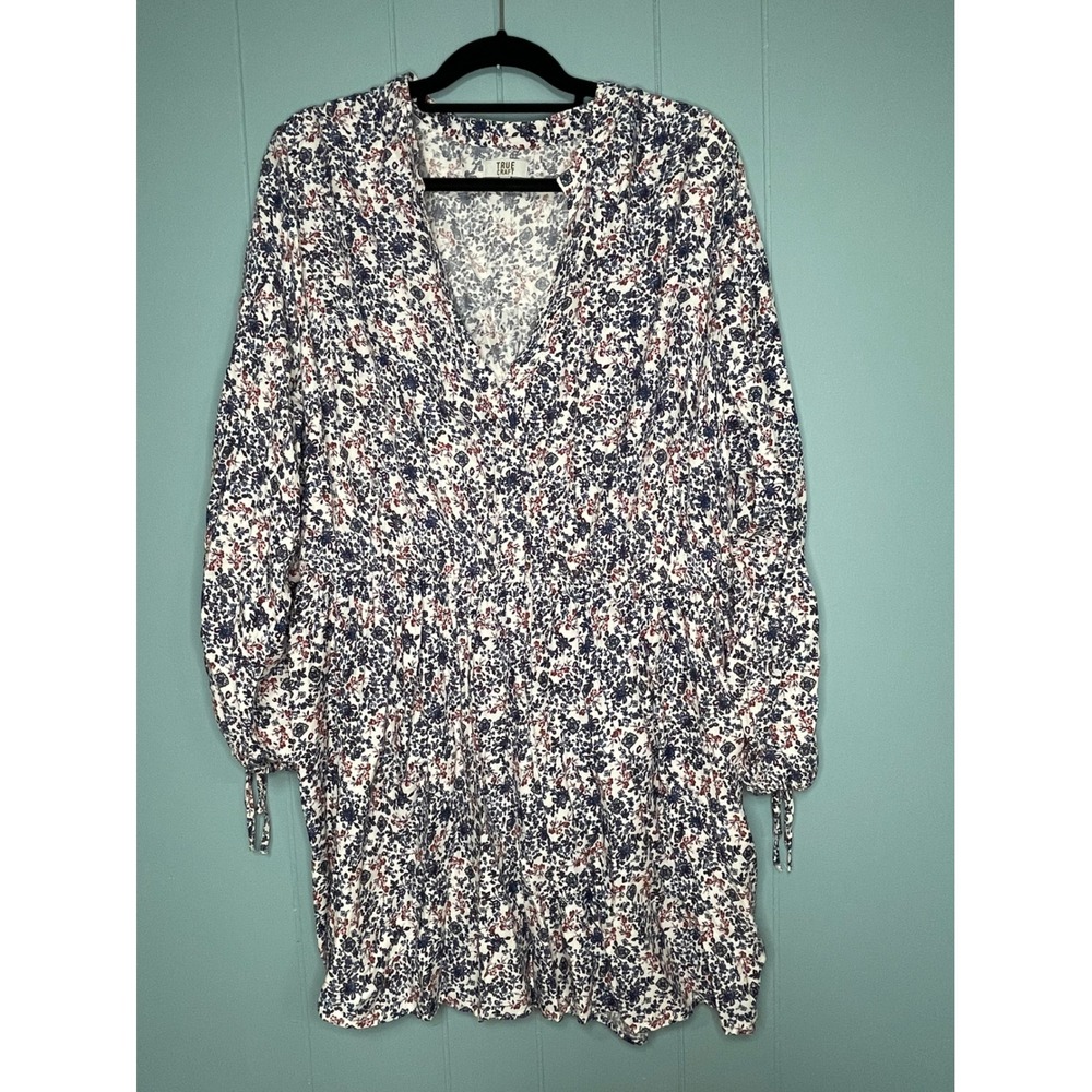 True Craft Floral Dress Womens 2X Blue Red Excellent V-Neck Tie Sleeve Babydoll